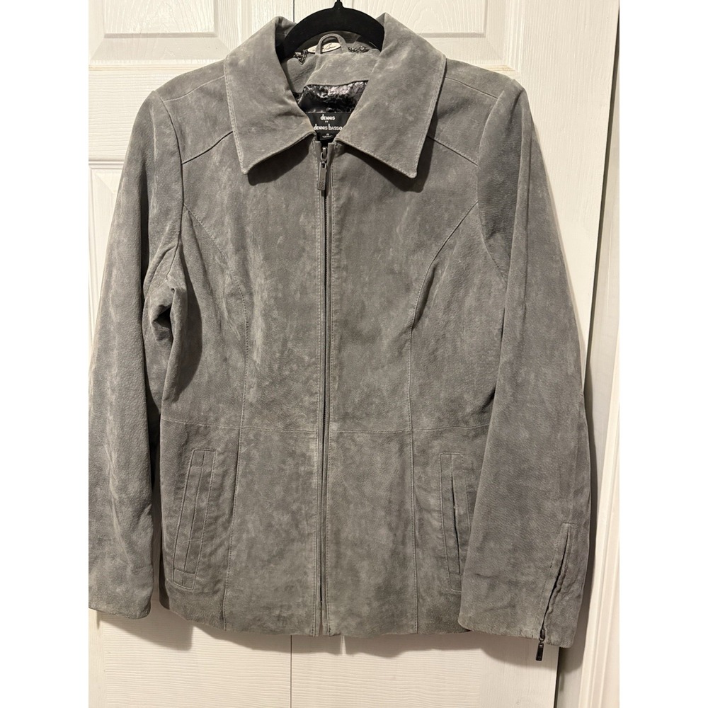 Dennis Basso Gray Suede Leather Jacket Womens M Perforated Zip A258450